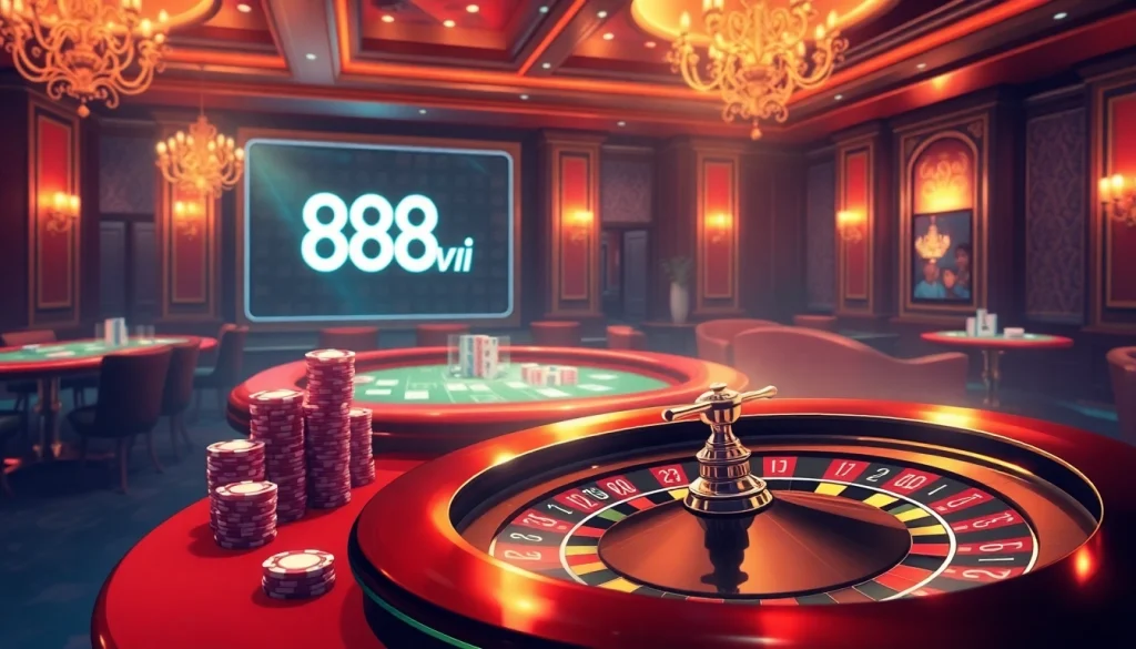 Experience the thrill of gambling at 888vi with an upscale casino setup featuring stunning tables and chips.