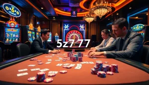 Exciting gameplay at the 5z777 poker table showcasing vibrant chips and cards in a luxurious casino.