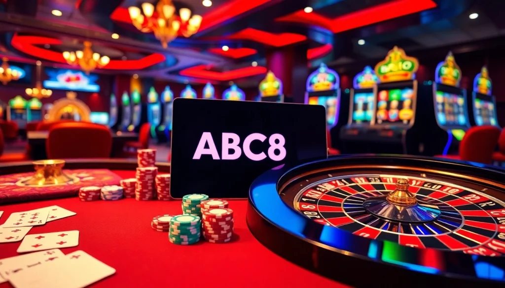 Engage in thrilling casino action with ABC8 at a luxury poker table, showcasing excitement and strategy.