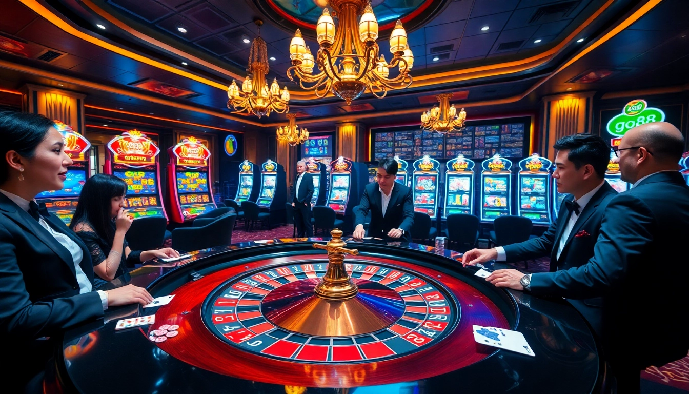 Experience excitement and luxury at go88 casino with players engaged at a roulette table.