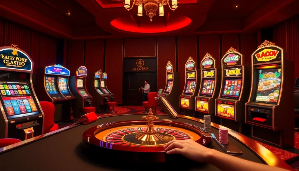 A thrilling gambling scene showcasing alo789's luxurious casino gaming experience with roulette and slot machines.