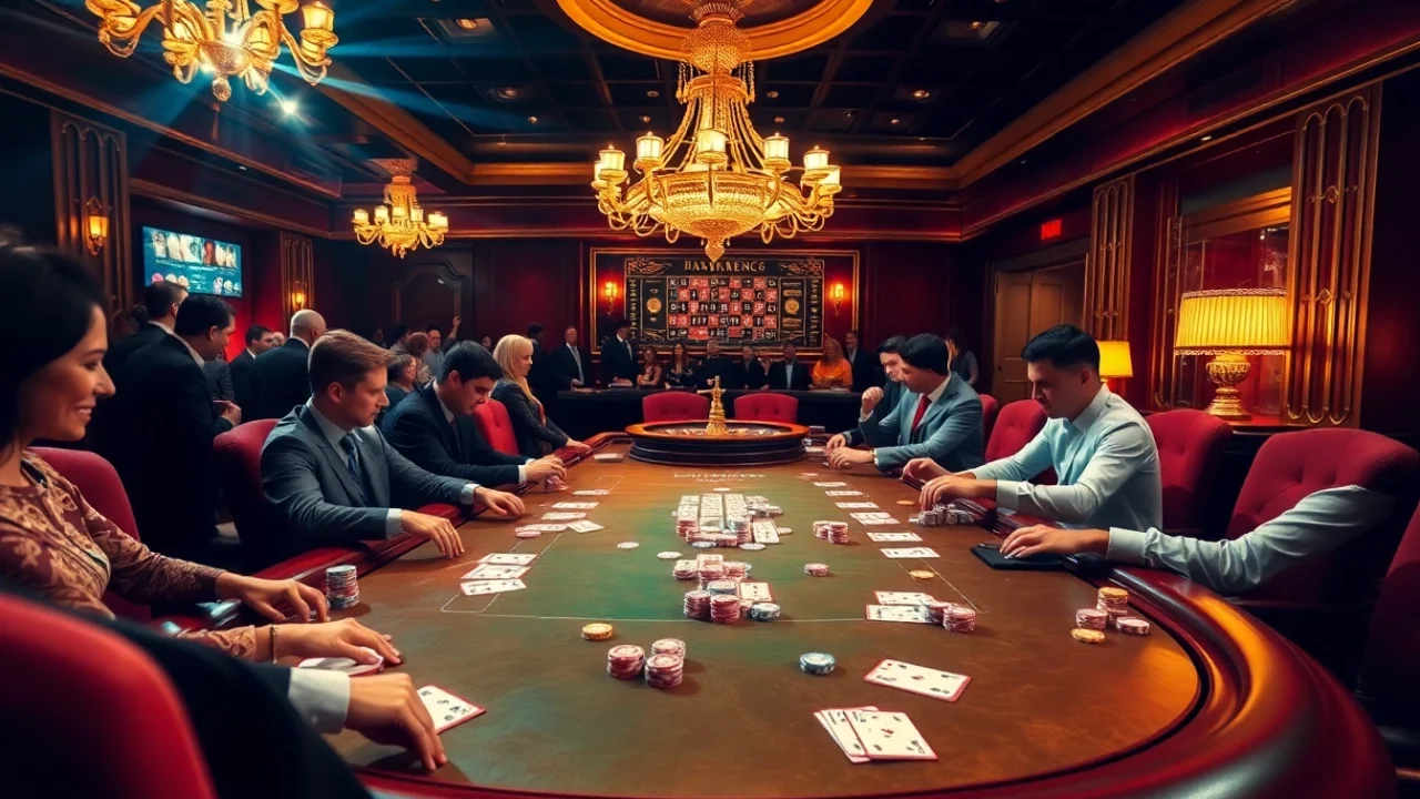 Experience game bài đổi thưởng at a thrilling poker table in a luxurious casino setting.