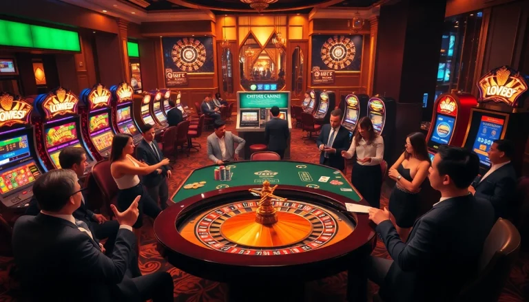Players enjoy a thrilling casino experience at TV88, featuring roulette and vibrant slot machines.
