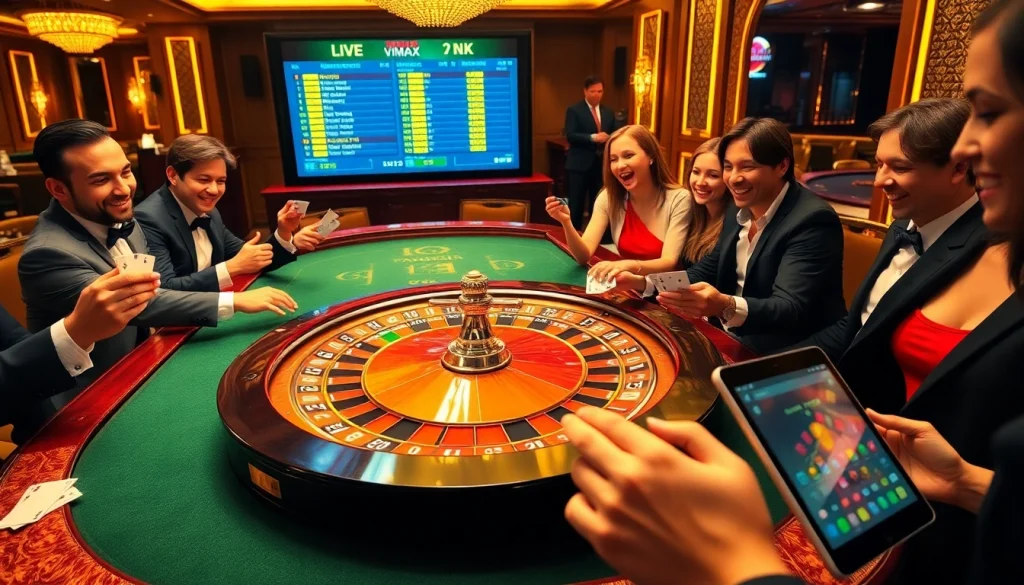 Players engaging in a VMAX casino game, experiencing excitement with roulette and poker chips.