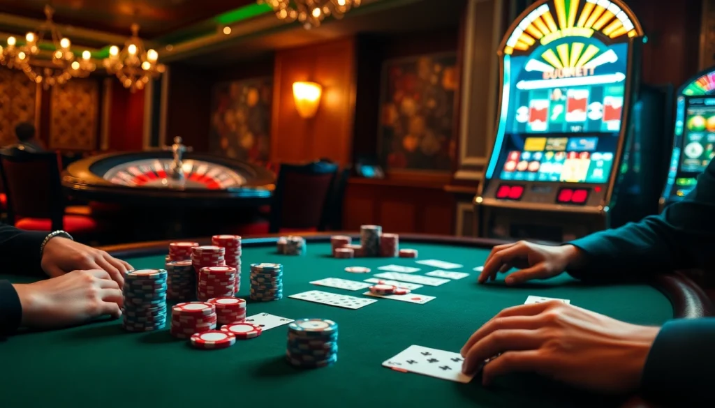 Engage in the excitement of b52club poker with vibrant chips and a spinning roulette wheel.