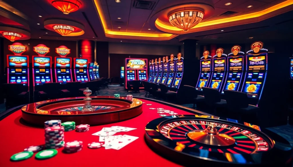 Exciting gambling scene at 789club featuring casino tables, roulette wheel, and vibrant slot machines.