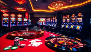 Exciting gambling scene at 789club featuring casino tables, roulette wheel, and vibrant slot machines.