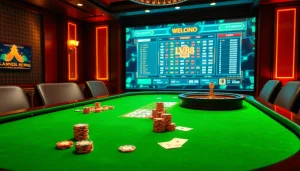 Engage in thrilling gameplay at LV88's luxurious online casino, showcasing vibrant tables and professional gaming elements.