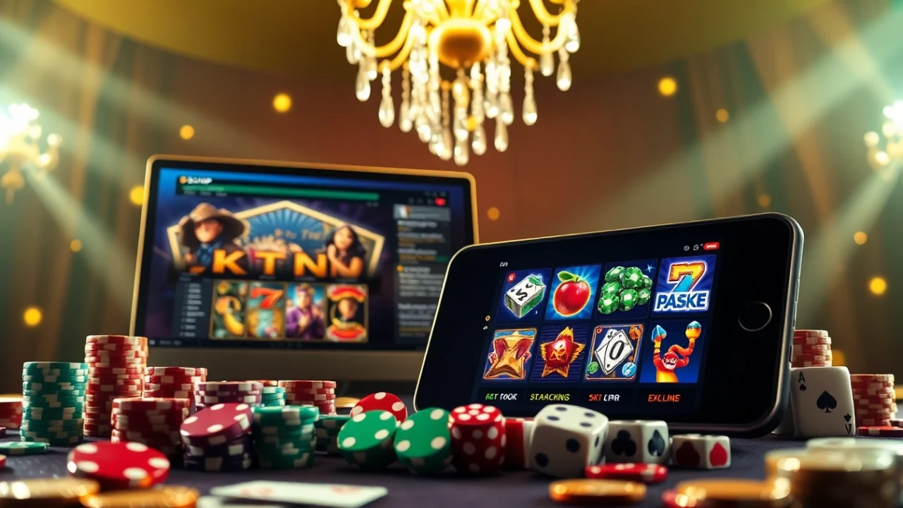 Experience the thrill of online gaming at slvip with vibrant slot machines and casino chips.