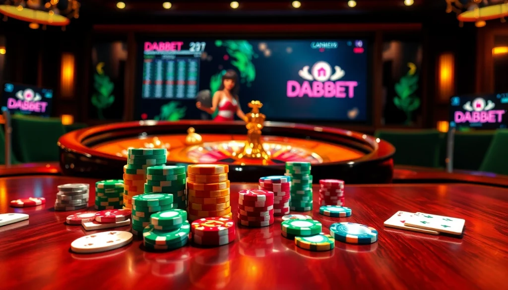 DABET casino scene with poker chips and roulette wheel, showcasing luxurious gambling experiences.