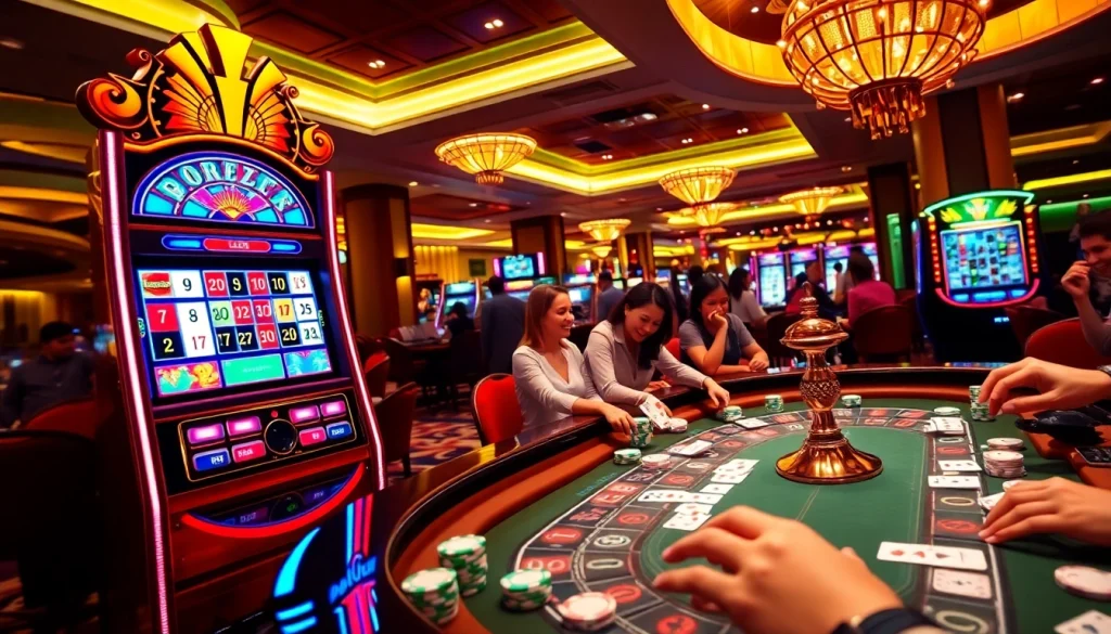 Adegan deposit pulsa slot yang menggembirakan dengan mesin yang penuh warna dan pemain antusias di kasino mewah.