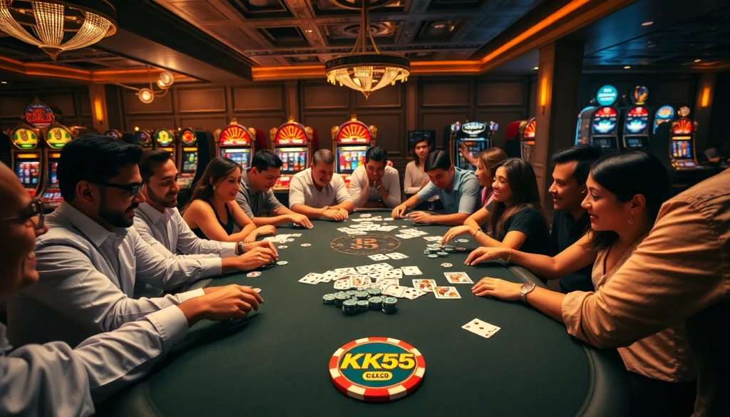 Players strategizing at a KK55-themed poker table in a bustling casino scene.
