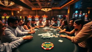 Players strategizing at a KK55-themed poker table in a bustling casino scene.
