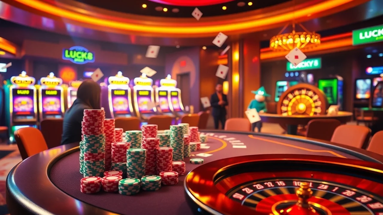 Trải nghiệm những trận chơi casino đầy kịch tính với bàn casino LUCK8 và LUCKY8, những đồng chip đầy màu sắc và bánh xe roulette quay.
