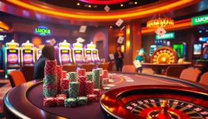 Trải nghiệm những trận chơi casino đầy kịch tính với bàn casino LUCK8 và LUCKY8, những đồng chip đầy màu sắc và bánh xe roulette quay.