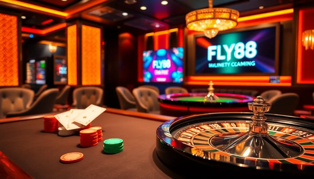 Playing high-stakes poker at FLY88 casino with vibrant chips and elegant atmosphere.