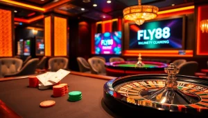 Playing high-stakes poker at FLY88 casino with vibrant chips and elegant atmosphere.