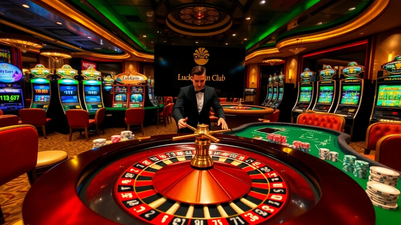 Engaging scene of gaming excitement at luckywin club with roulette and poker tables.