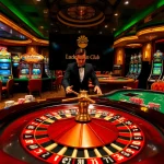 Engaging scene of gaming excitement at luckywin club with roulette and poker tables.