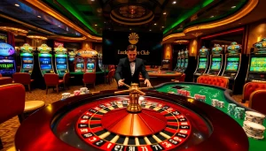 Engaging scene of gaming excitement at luckywin club with roulette and poker tables.