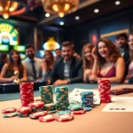TPJ Casino scene with poker chips, cards, and players enjoying a vibrant gambling atmosphere.