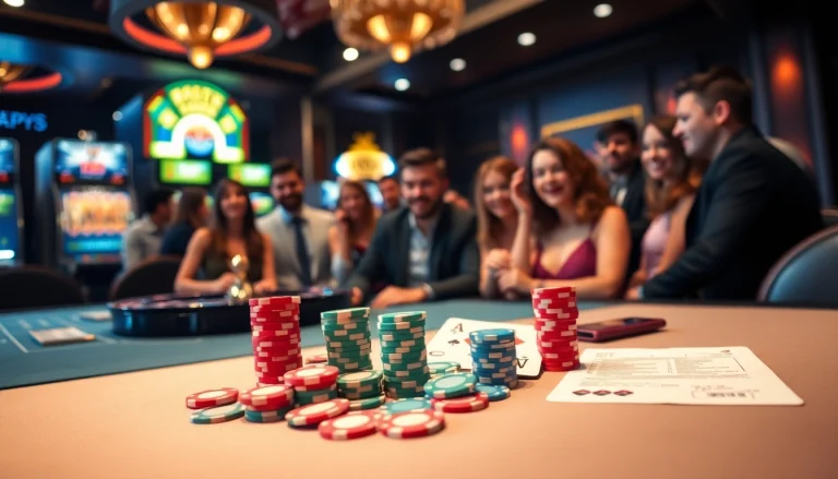 TPJ Casino scene with poker chips, cards, and players enjoying a vibrant gambling atmosphere.