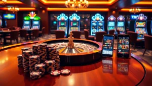 Experience the excitement of 7c77 with vibrant casino visuals showcasing poker and roulette.