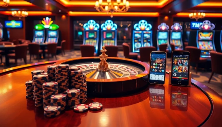 Experience the excitement of 7c77 with vibrant casino visuals showcasing poker and roulette.
