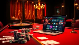 Engaging SV388 online gambling scene with poker chips, cards, and roulette wheel.
