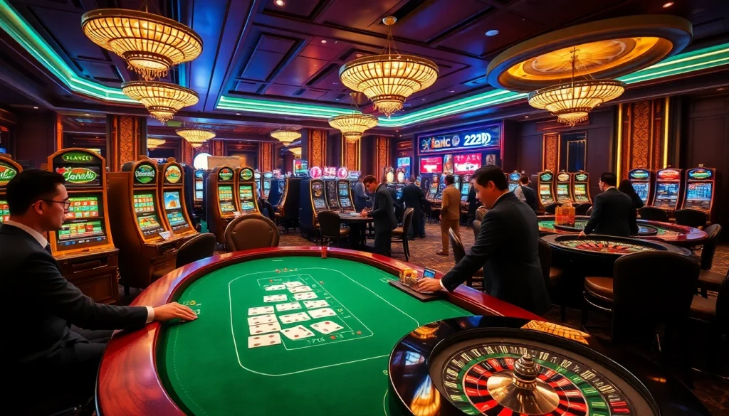 Experience the thrill of 222bd gaming with a vibrant casino scene featuring roulette and cards.