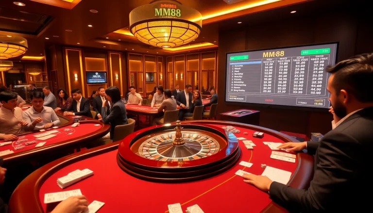 Experience the vibrant atmosphere of MM88 with players engaged in high-stakes gambling at luxurious casino tables.