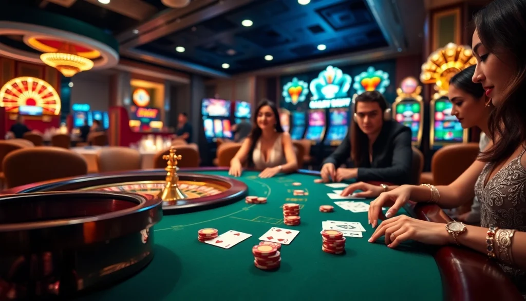 Players enjoying a professional casino experience at https://uu88.coach/ with vibrant poker tables and slot machines.
