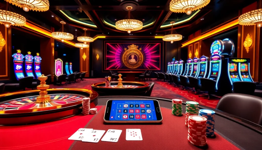 Experience the thrill of gambling at NHÀ CÁI MM88 with an exciting casino interface showcasing vibrant tables and roulette wheels.