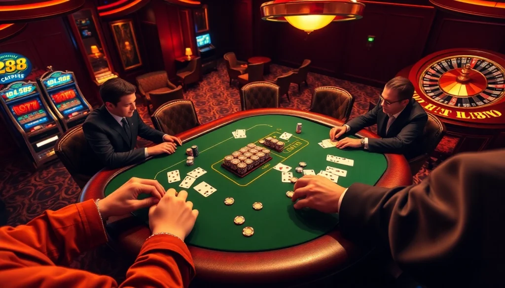 Experience the excitement of RR88 with high-stakes poker action at a luxurious casino table.