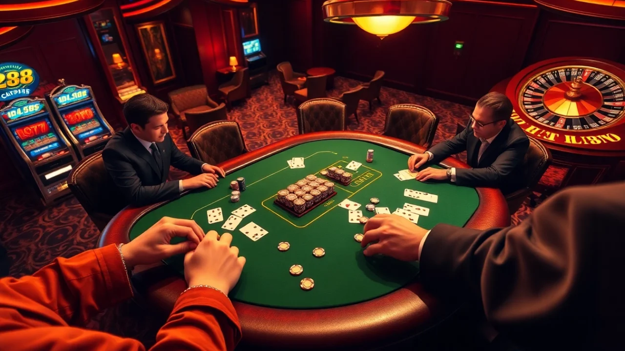 Experience the excitement of RR88 with high-stakes poker action at a luxurious casino table.
