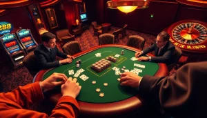 Experience the excitement of RR88 with high-stakes poker action at a luxurious casino table.