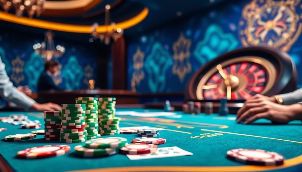 Players enjoying a thrilling game at 69vn com casino, showcasing poker chips and cards.