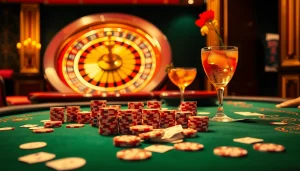 Engaging players in a 'game bài' at a luxurious poker table, vibrant casino atmosphere.