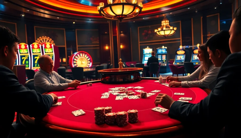 Engaged players at a poker table with vibrant chips, highlighting link okfun for seamless access to online gambling.