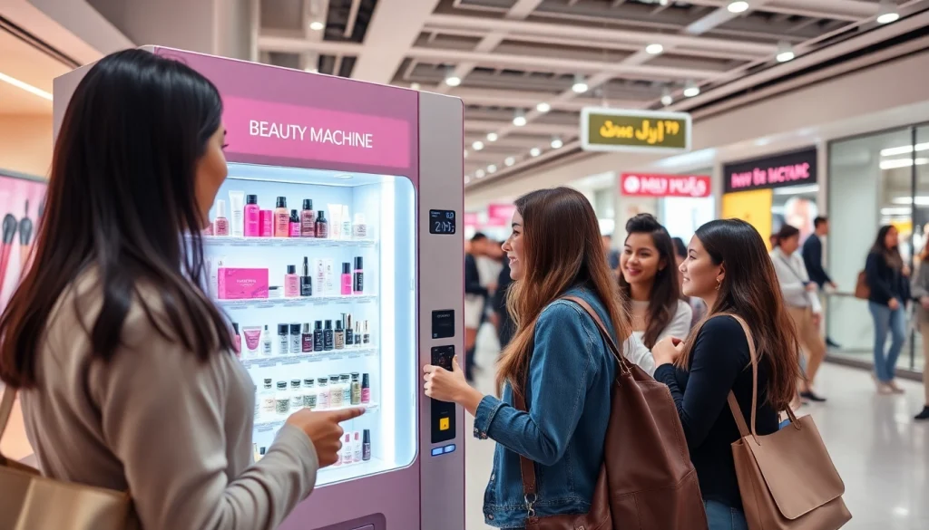 Beauty vending machines for sale showcasing skincare products in a busy mall setting