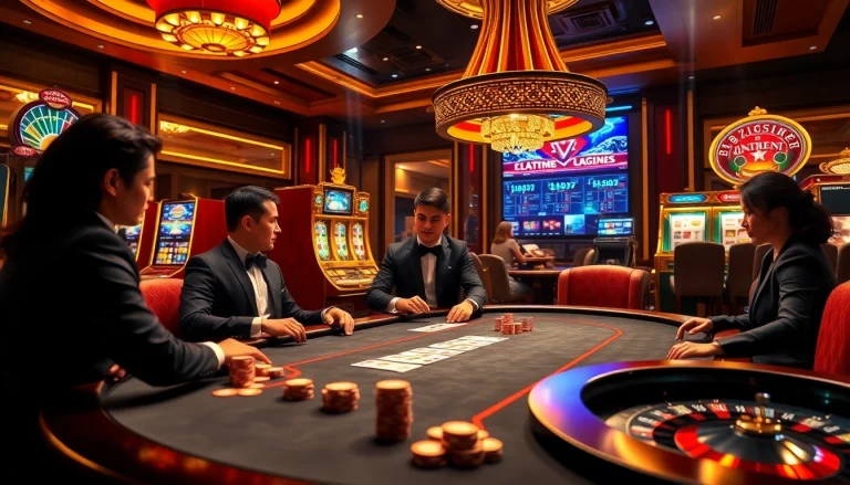 A dynamic casino scene illustrating high-stakes poker at XX88 COM, featuring elegant players and vibrant slot machines.