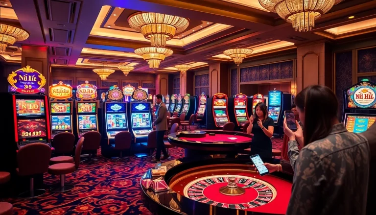 Experience the thrill of playing nổ hũ slots in a luxurious casino environment, featuring vibrant machines and eager players.
