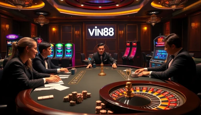 Experience the thrill of high-stakes poker at VIN88, showcasing vibrant slots and a luxurious casino atmosphere.