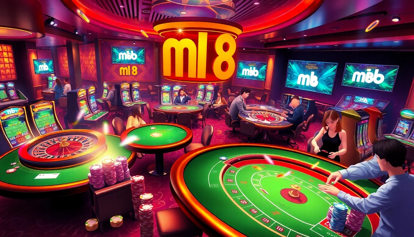 Experience the excitement of mb 88 at a luxurious casino gaming floor, featuring vibrant poker tables and dynamic roulette wheels.