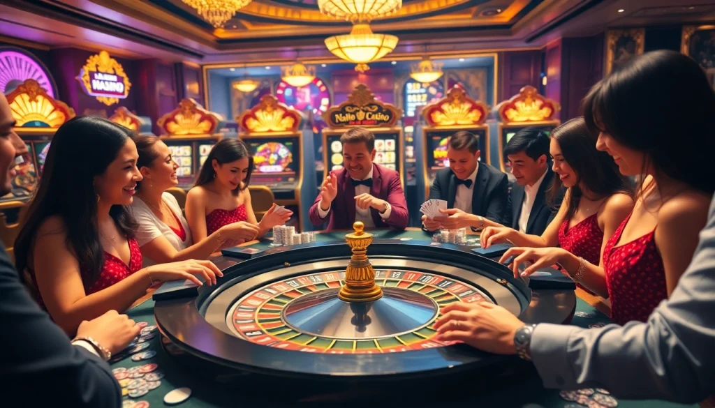 Experience the excitement of mu88 casino with players at a roulette table, vibrant lights, and colorful chips.