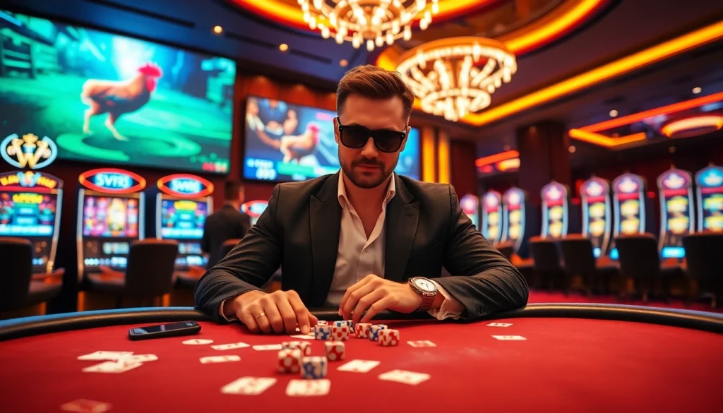 SV388 online gambling experience with vibrant card games and cockfighting betting action.