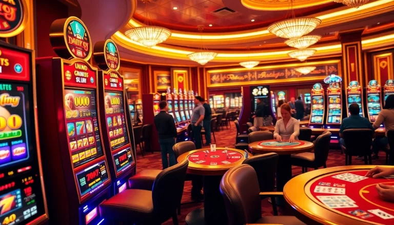 Nổ hũ gameplay showing colorful slot machines and enthusiastic players in a vibrant casino scene.