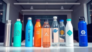 Individualiai pritaikytos gertuvės su logotipu (gertuvės su logotipu) rodomos modernioje biuro aplinkoje.