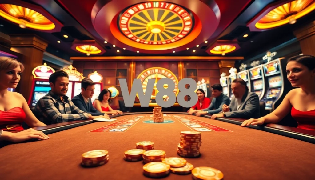 Experience high-stakes gaming at a W88 casino table with vibrant roulette and slot machines.