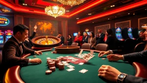 Engaging poker game at xin88 casino with vibrant chips and dramatic lighting.